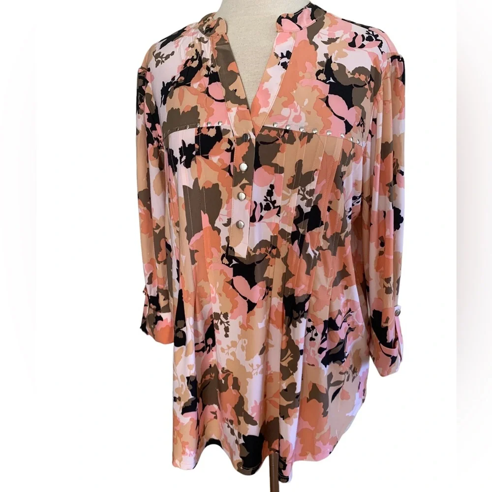 COCOMO 3X Beige Pink Studded 3/4 sleeve Plus Size women’s Pintuck Blouse t…_3
